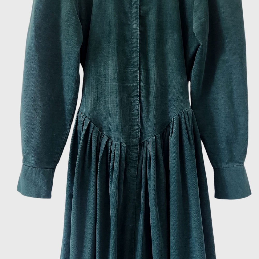 80's Norma Kamali Drop Waist Puff Sleeve Green Corduroy Button Down Dress Small - Picture 8 of 12